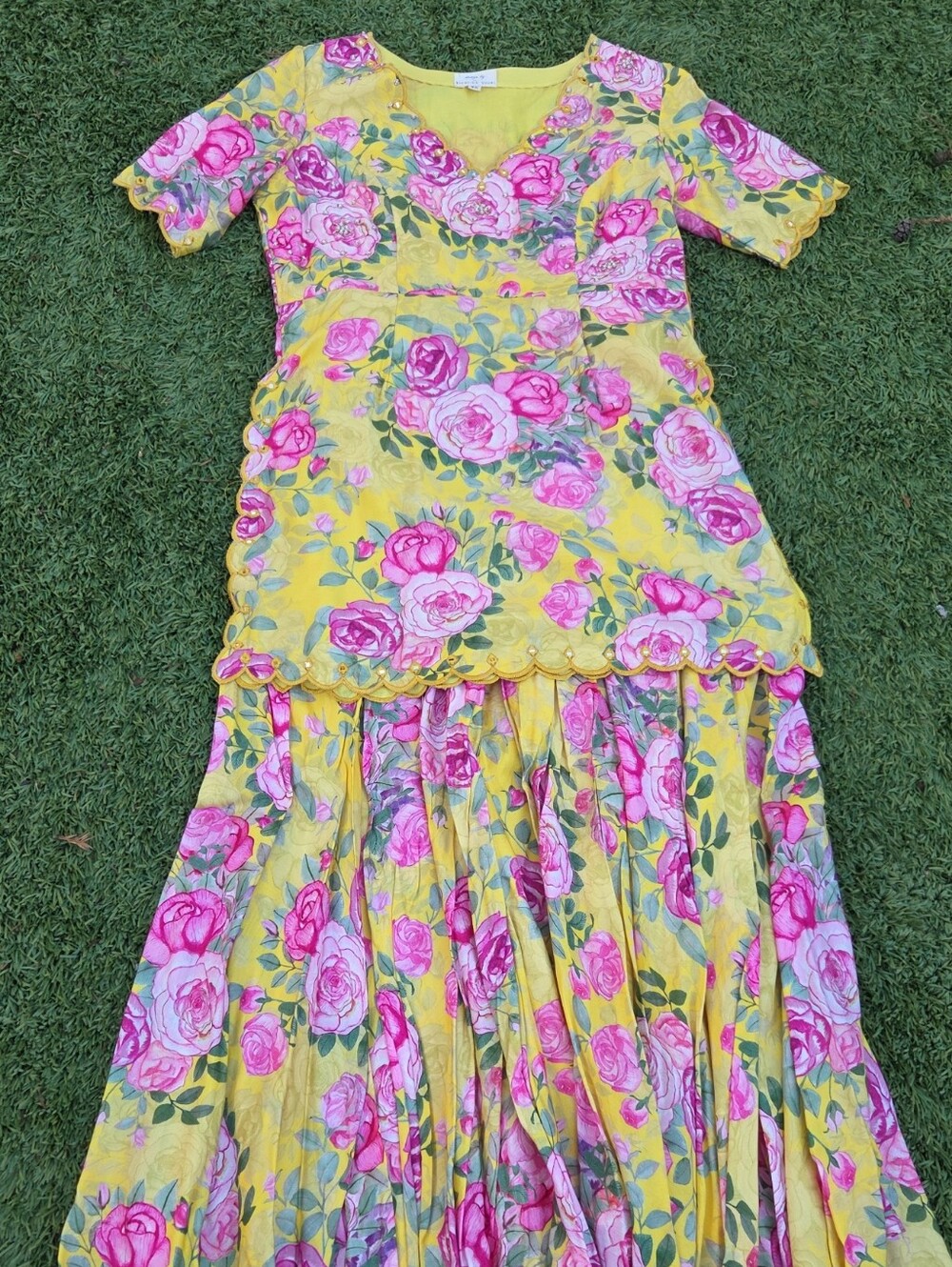Women's Yellow Floral with Pink Rose Print Three Piece Sharara Set Size XS